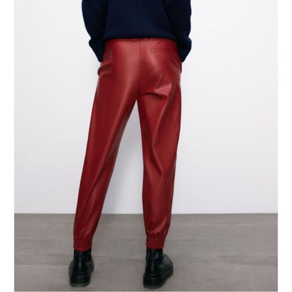Zara Red High Waisted Faux Leather Pleather Jogger Pants EUC - Picture 3 of 11
